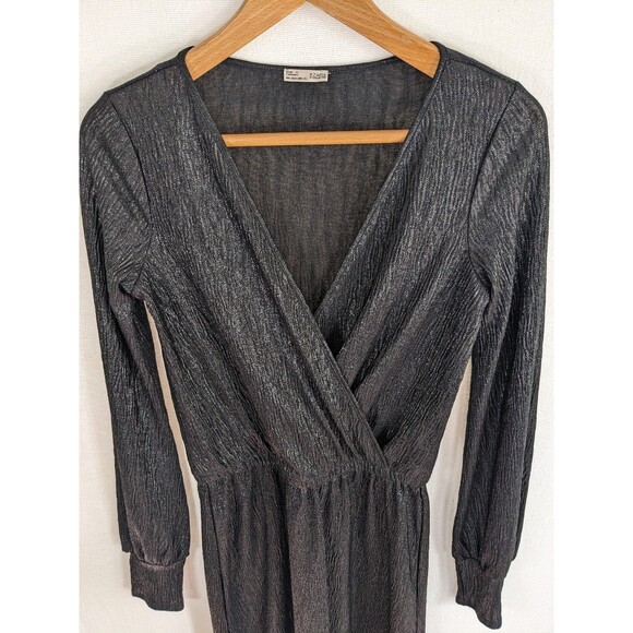 Zara Faux Wrap Dress Metallic Black Shimmer Slinky Textured Sz 8 (S/M) - Picture 2 of 8